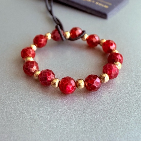 14k Gold Natural Ruby Faceted Beaded Chain Necklace & Stretchable Ring Set - Picture 8 of 12